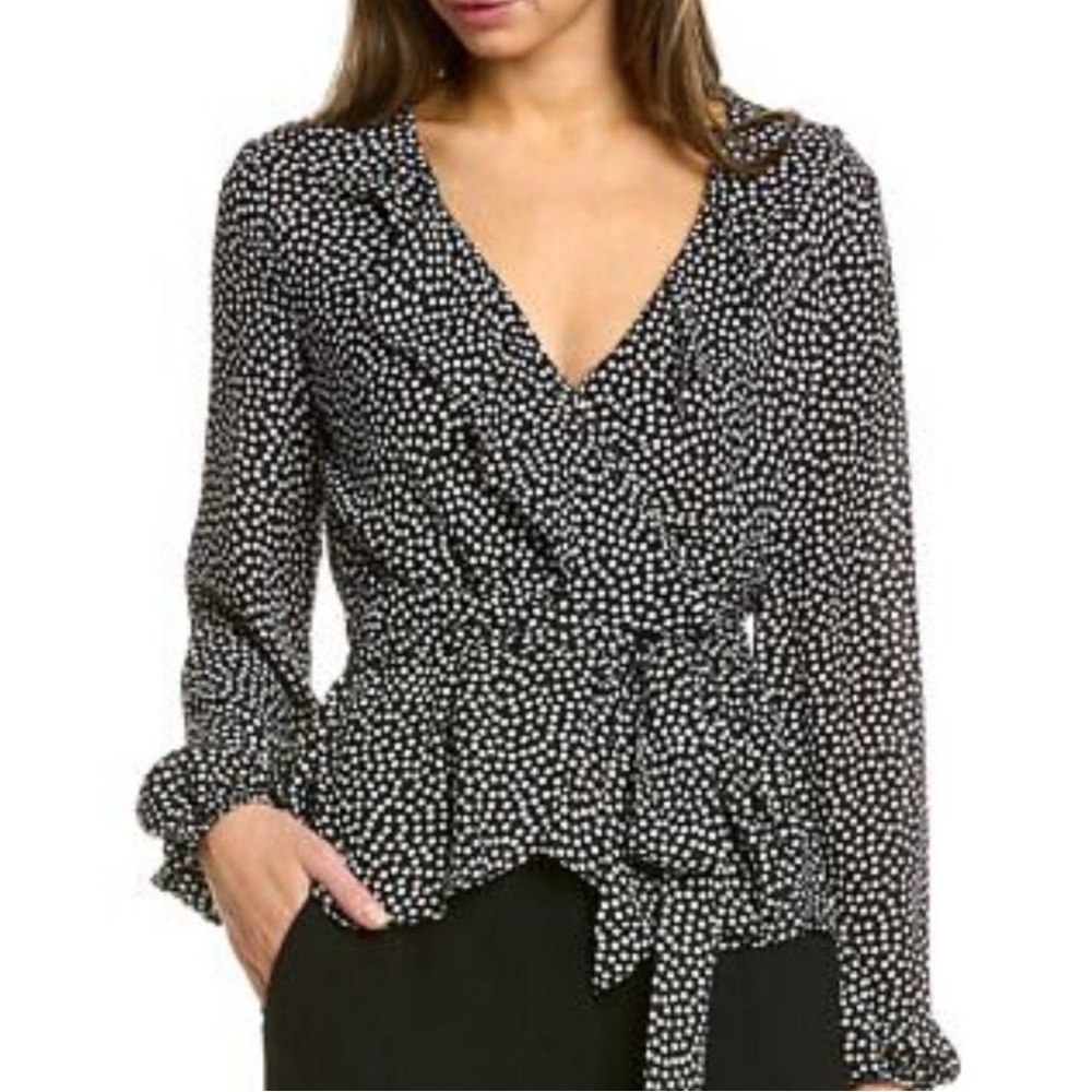 Max Studio Black Wrap Ruffle Black White Polka Dot Top
